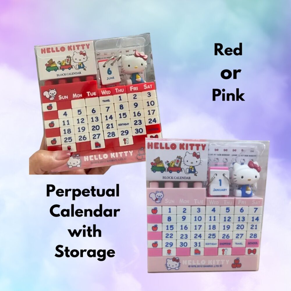 Hello Kitty Calendar Perpetual Calendar with Storage Red or Pink NWT